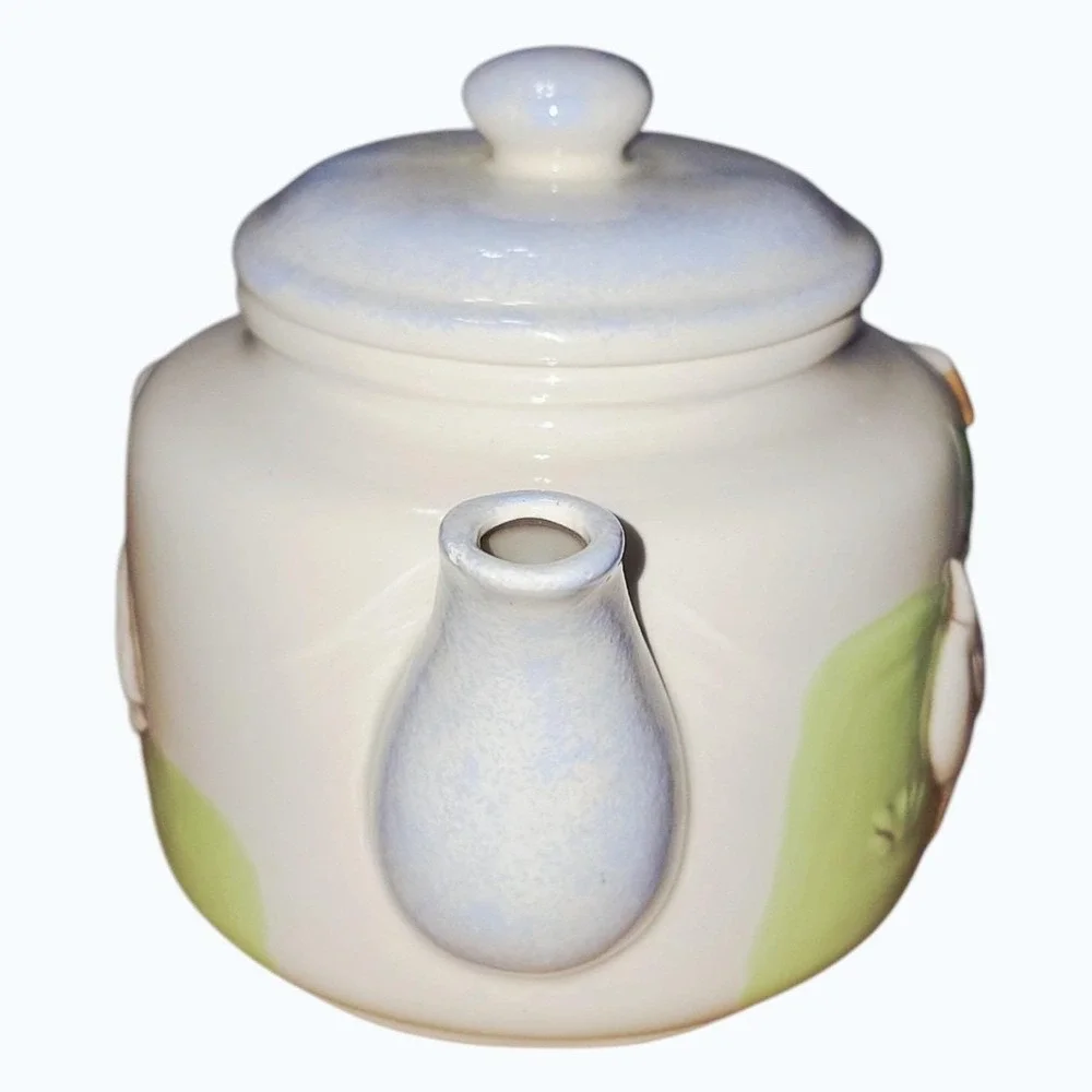 Vintage 1980s Otagiri Style Goose Teapot Ceramic Raised Geese Blue Bows